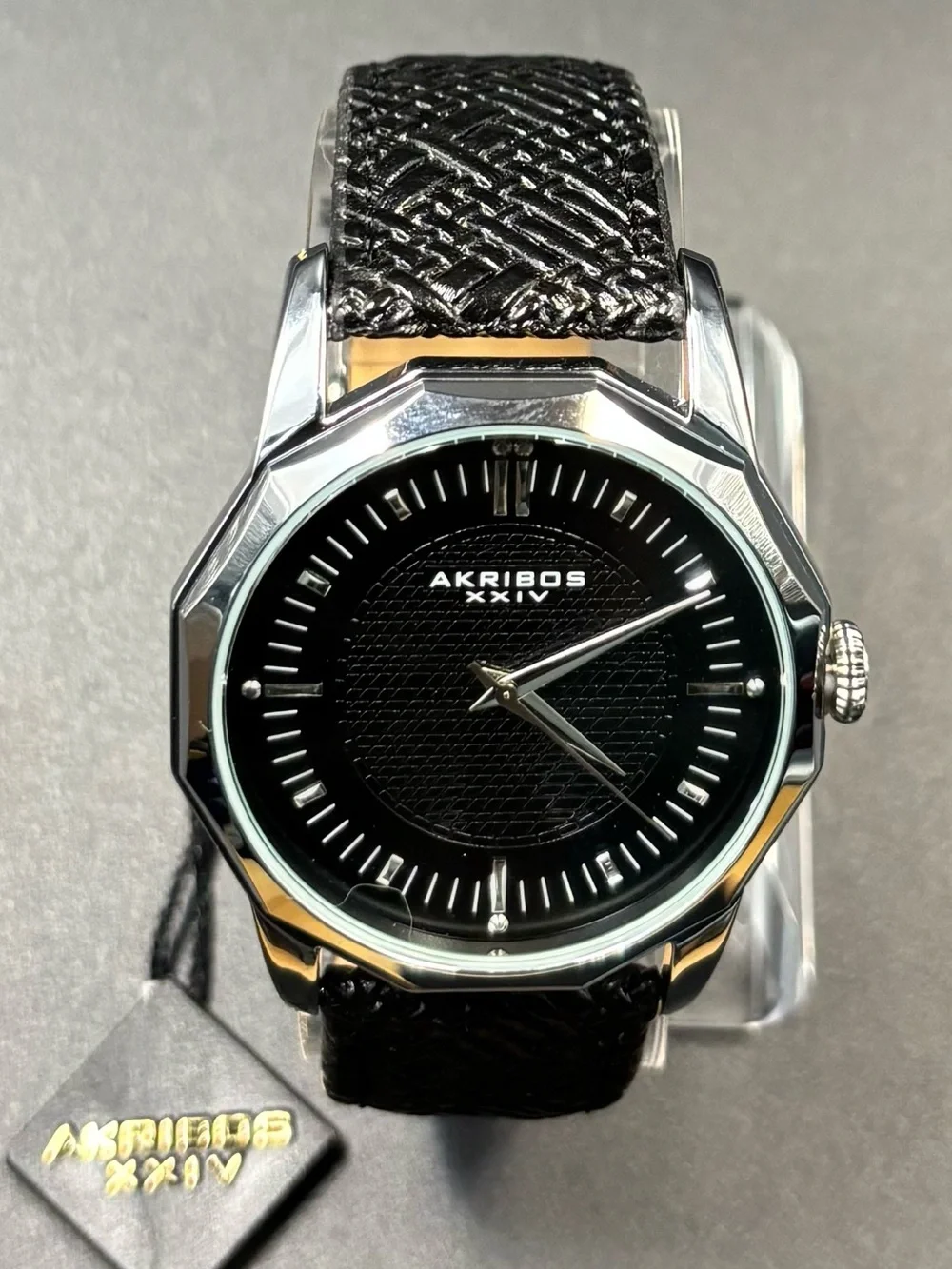 Akribos XXIV Men's BlK Dodecagon Bezel BlK Dial BlK Leather Strap 41mm-AK825SSB